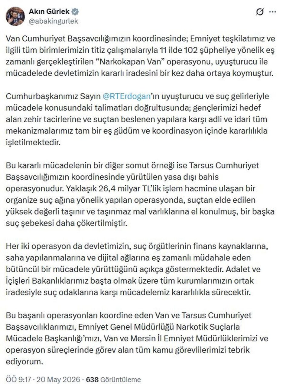 Adalet Bakanı Gürlek: Suç Örgütleriyle Mücadeleye Kesinlikle Devam Edeceğiz